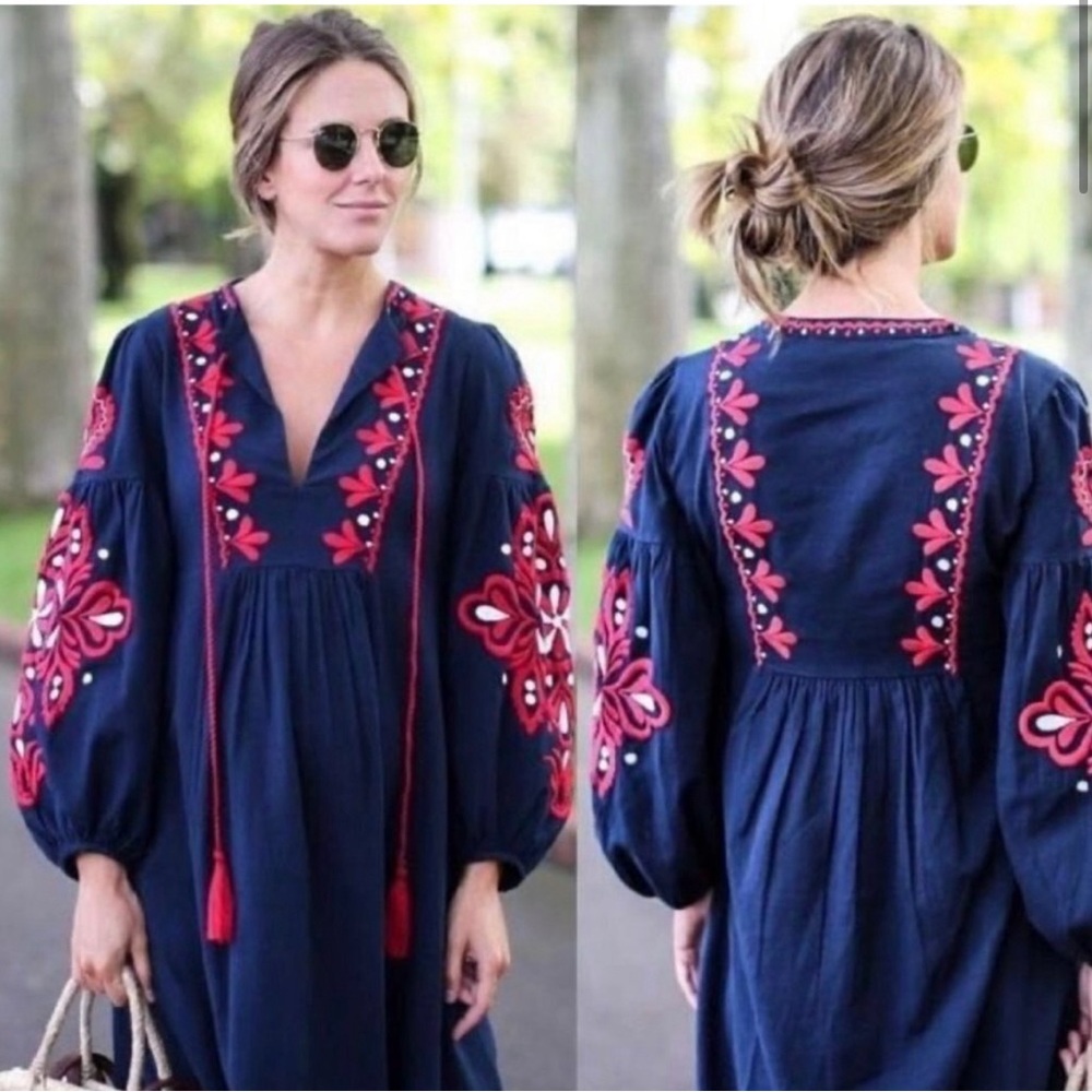 Zara Woman embroidered linen bohemian VYSHYVANKA dress size Small
